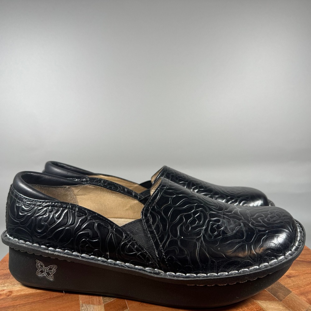Alegria Debra Black Embossed Rose Leather Professional Clogs Shoes EU 41 US 11